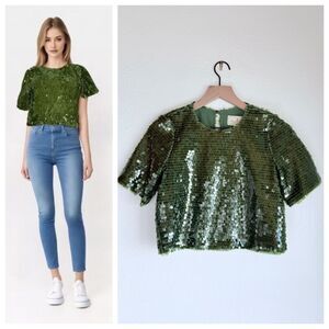 NEW Flora Bea NY Keith Cropped Short Sleeve Sequin Top in Glisten Green Size S